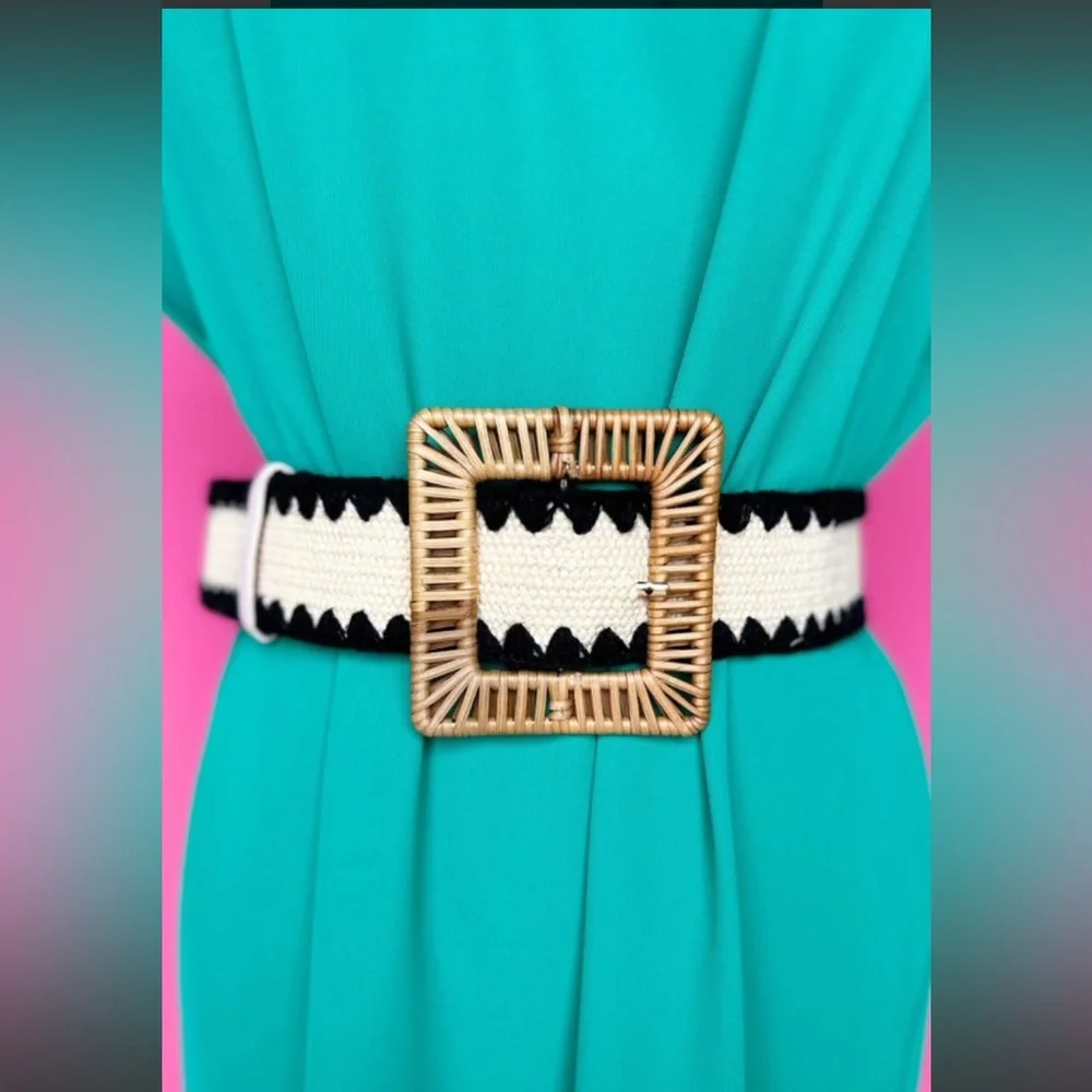 Natural Black Rectangular Rattan Crochet Trim Belt